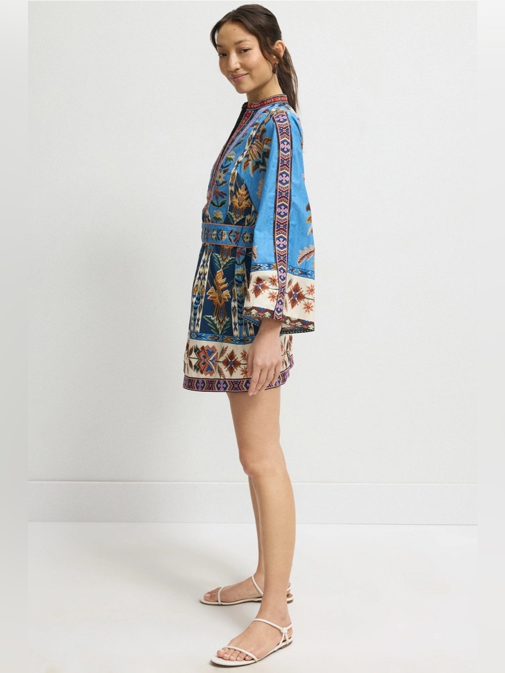 FARM Rio Blue Embroidered Tapestry Floral-Print Belted Mini Dress Sz SMALL